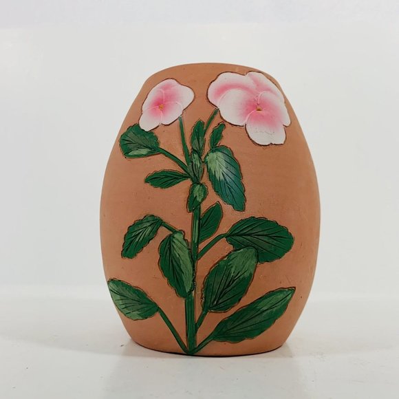 Terracotta Pottery Planter Handmade Etched Pink Pansies Pot Vase Artisans Signed - Picture 12 of 12